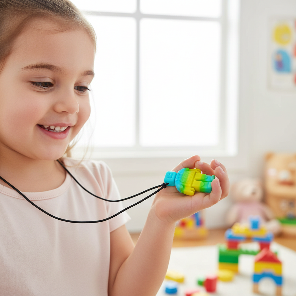 Child holding chew necklace